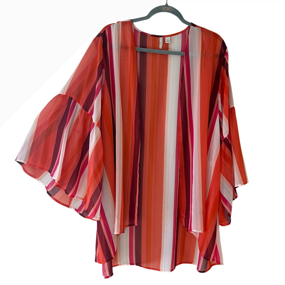 Est. 1946 Womens Striped Open Front‎ Kimono Cardigan Red Orange Bell Sleeve L